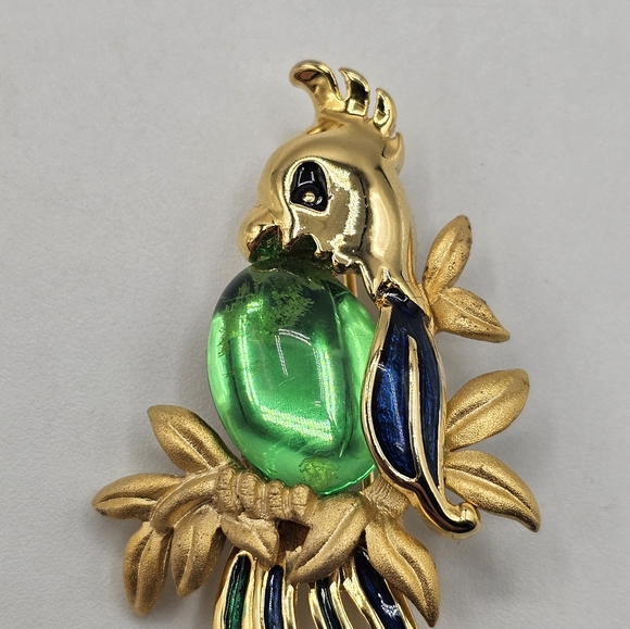 Vintage Cockatoo Parrot Pin Signed Daria, Gold and Green, Jelly Belly, Large Bir - Picture 4 of 5